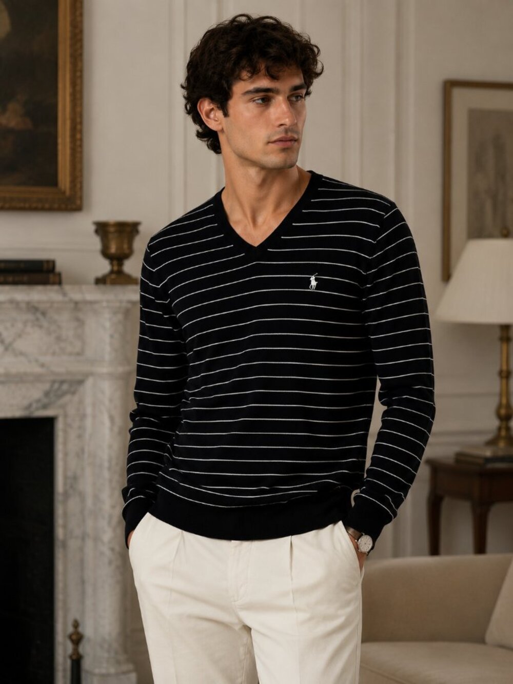 Polo Ralph Lauren Pima Cotton Striped V-Neck Sweater – Men's Large